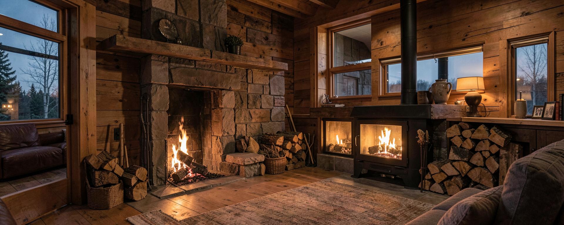 Intérieur chaleureux avec poêle à bois et bûches empilées