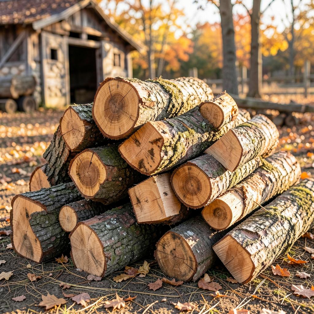 Tas de bûches de bois de chauffage devant une grange